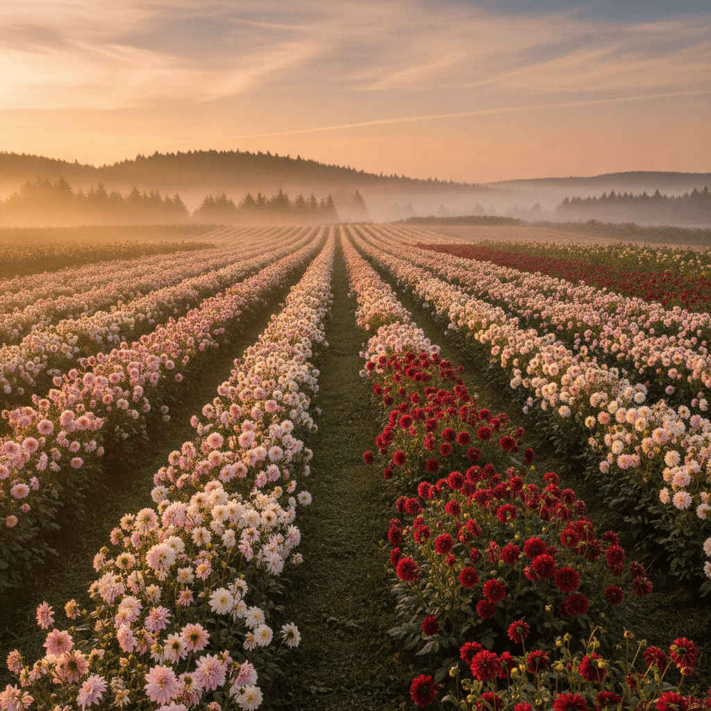 Rows of dahlias in a Skagit Valley field at golden hour, soft foothills in the mist behind
