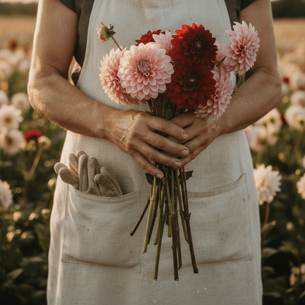 Weathered hands cradling freshly cut dahlia stems