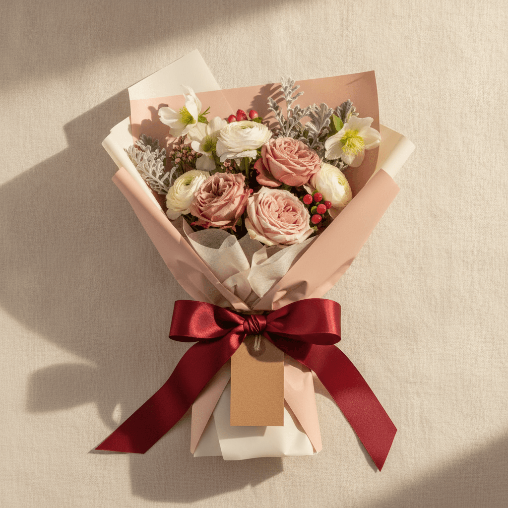 A beautiful wrapped gift bouquet of blush and crimson flowers with a handwritten card