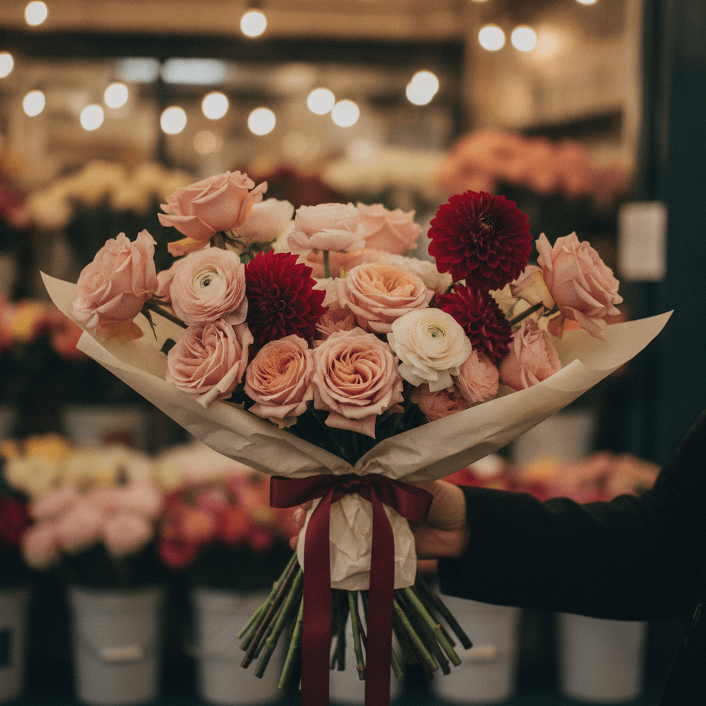 A lush hand-tied bouquet of blush peonies and garden roses, sharp against a softly blurred Pike Place flower stall with string-light bokeh