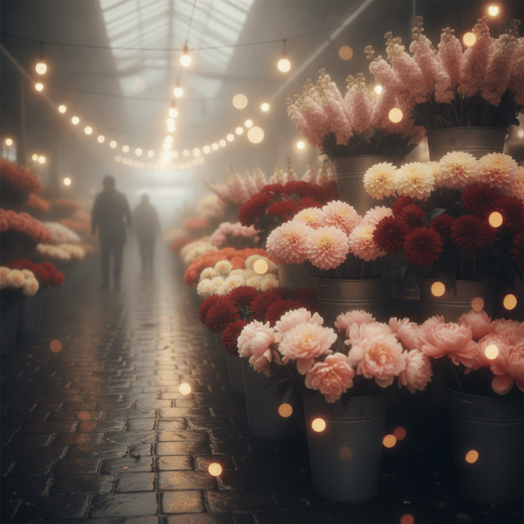 Dreamy blurred flower-market stalls at Pike Place, buckets of mixed seasonal blooms