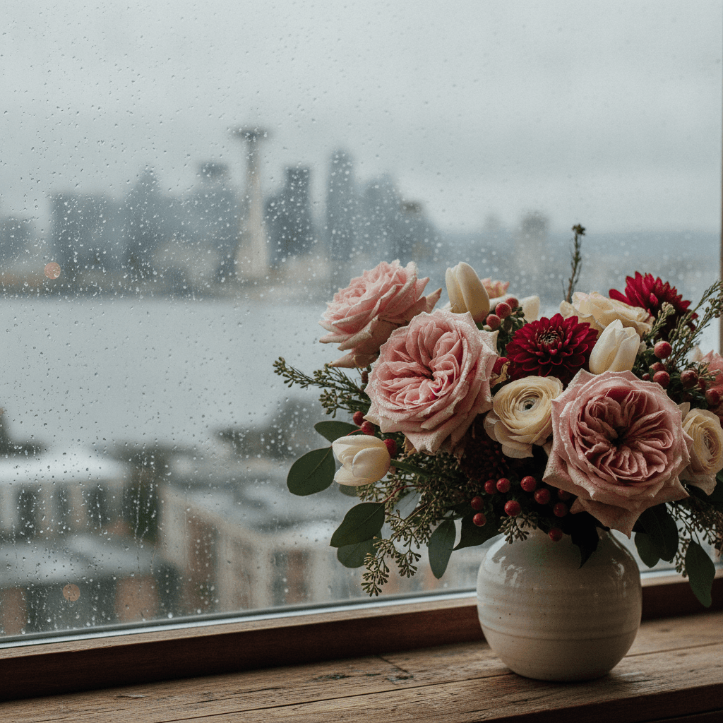 A hand-tied bouquet resting on a windowsill, rain-speckled glass with grey-blue Seattle behind