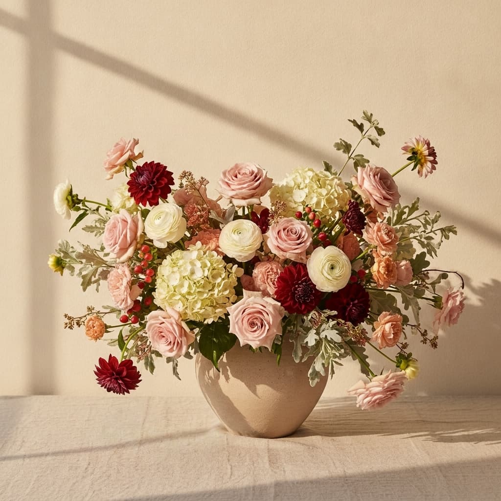 A lush statement bouquet of premium blooms with rich textured foliage
