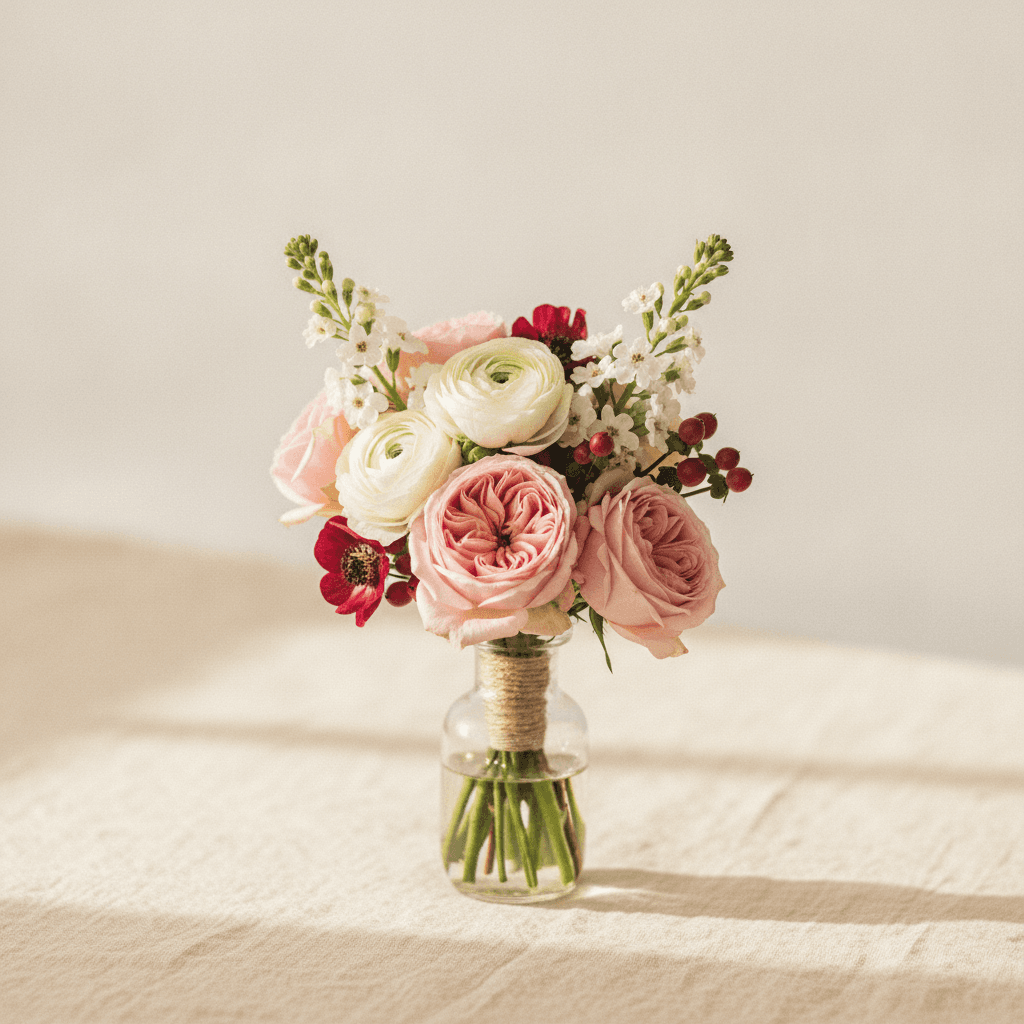 A petite hand-tied arrangement of seasonal blooms — nightstand and desk scale