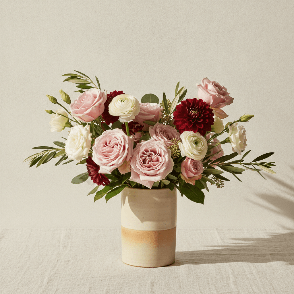 A signature hand-tied arrangement of fresh flowers at dining table scale